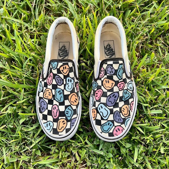 Vans Shoes - Custom Trippy Smiley Face Checkered Vans Classic Slip On - Women’s size 8.5